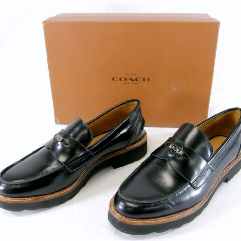 Womens black leather coach loafers, size 8.5